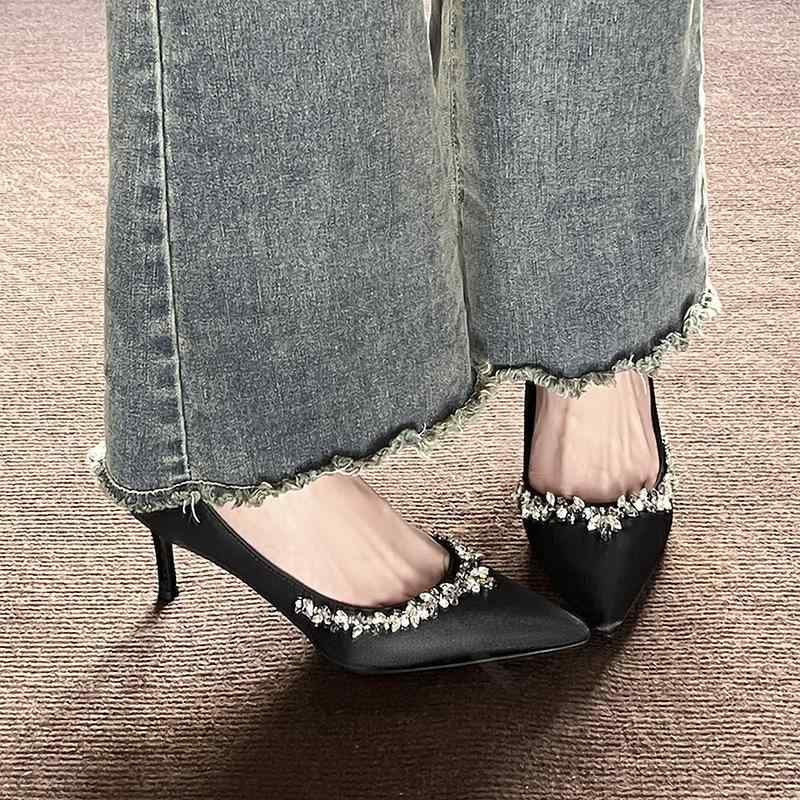 ハイヒール レディース ポインテッドトゥ パンプス ラインストーン 6cm 8cm 10cm ピンヒール サテン 結..