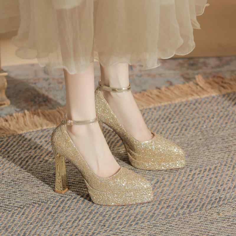 パンプス レディース マリージェーンシューズ ポインテッドトゥ 太ヒール サテン シルバー 銀色 フォー..