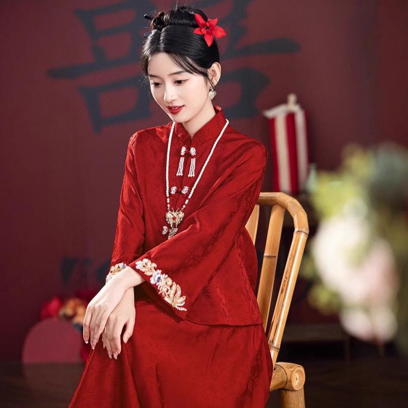 ウェディングドレス レディース 赤色 セットアップ エンゲージメント 結婚式 婚礼 高腰 Aライン 長袖 ..