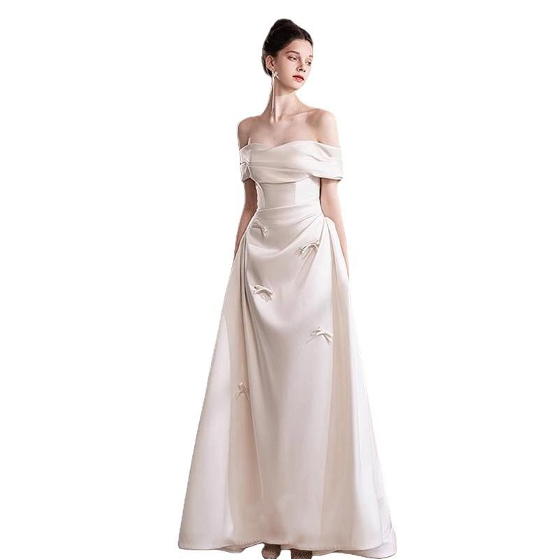 ウェディングドレス レディース 一字肩 結婚式 ブライダル エンゲージメント パーティードレス フォー..