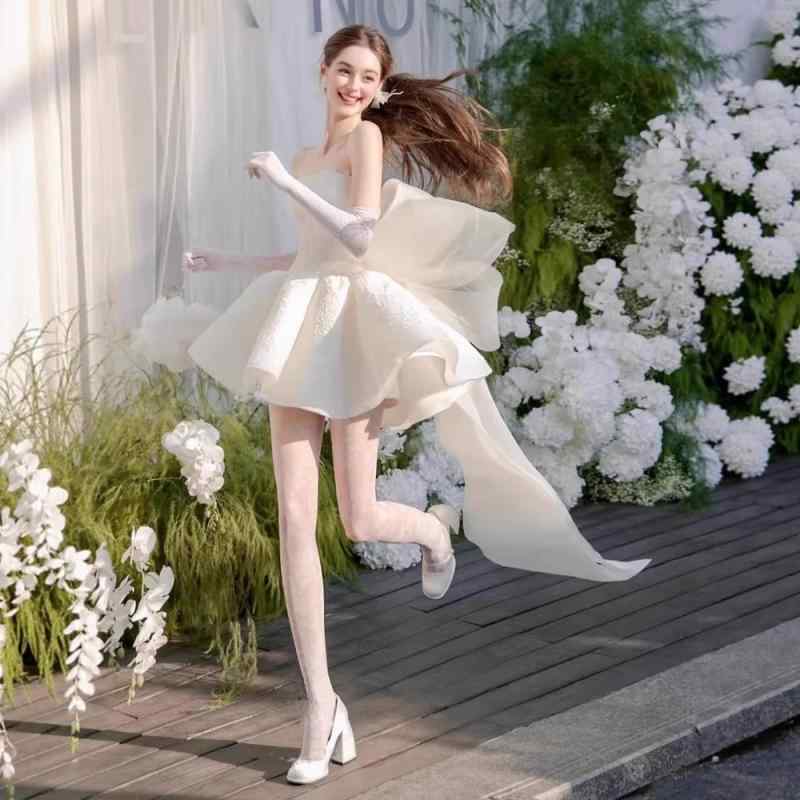 ウェディングドレス レディース 白色 高腰 ミニ丈 チュールスカート 抹胸 ノースリーブ ポリエステル ..