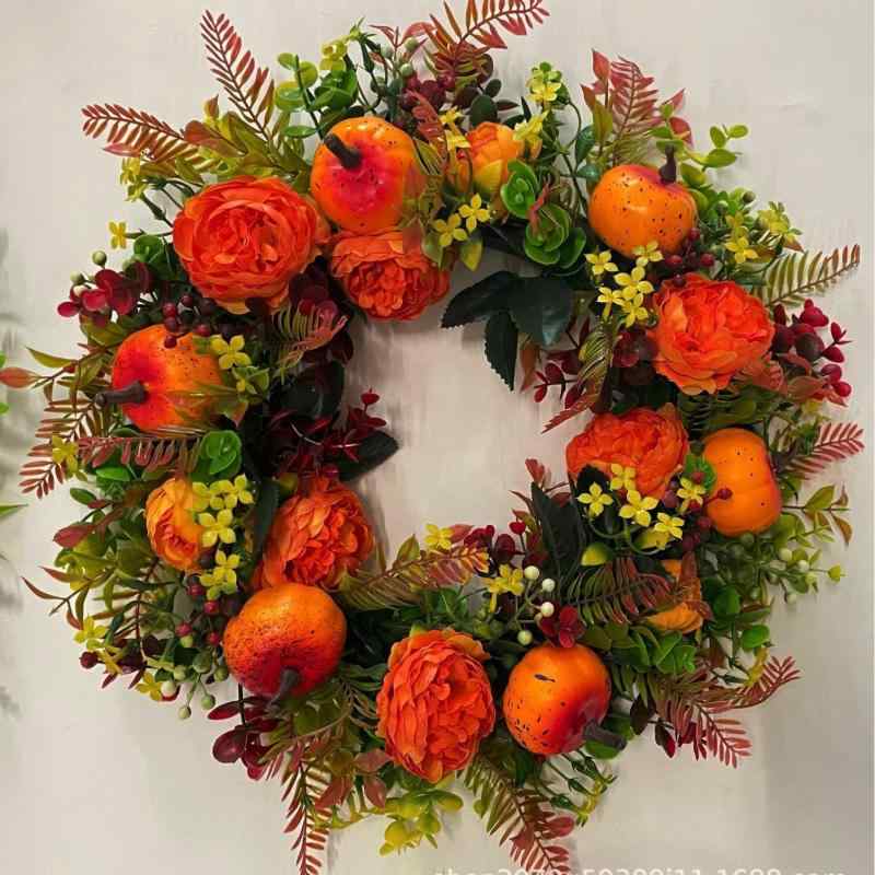 花輪 ハロウィン リース 南瓜 牡丹 造花 ドア 壁飾り 玄関 飾り 収穫祭 秋 デコレーション イベント パ..