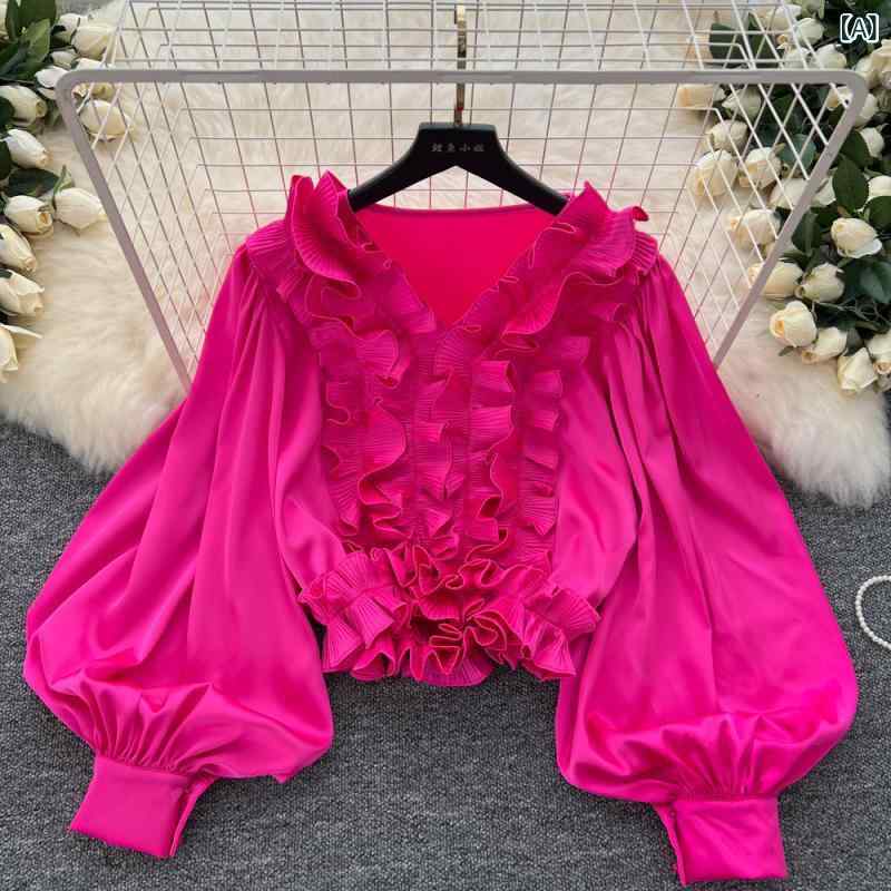 シャツ レディース ランタンスリーブ 木耳フリル ゆるシルエット 着痩せ デザイン 私服 お嬢様風 トップス チュニック 普段使い 長袖 伸縮性