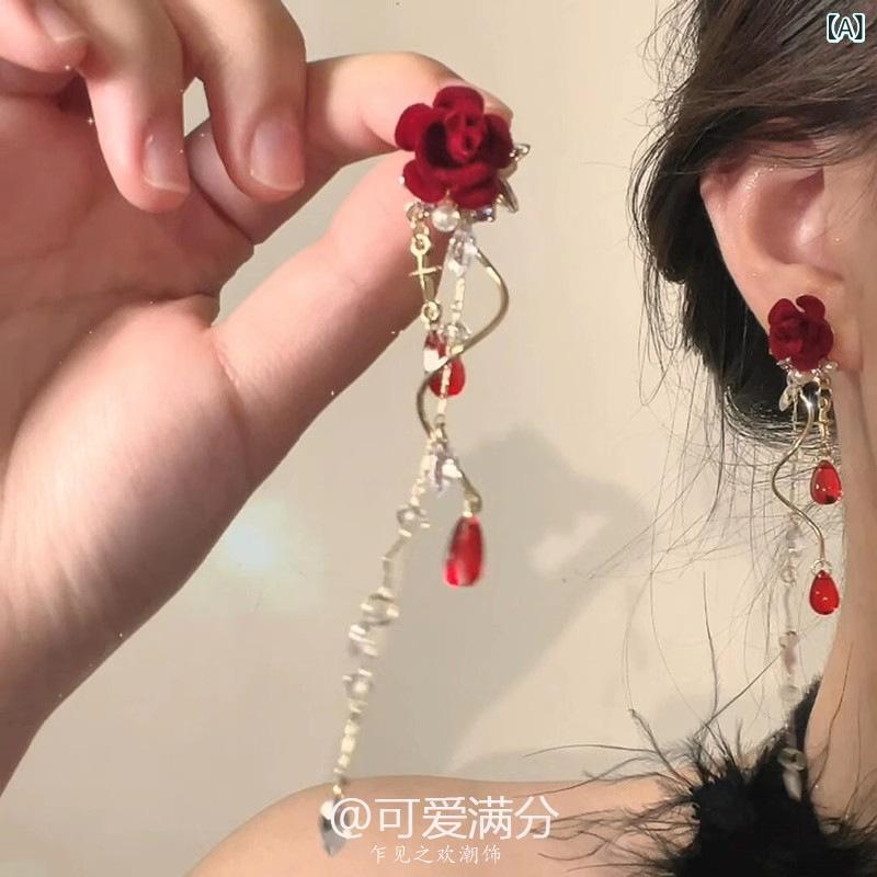 ピアス レディース バラ 花 フラワー 赤 レッド レトロ イヤリング アレルギー対応 S925銀(4.0)