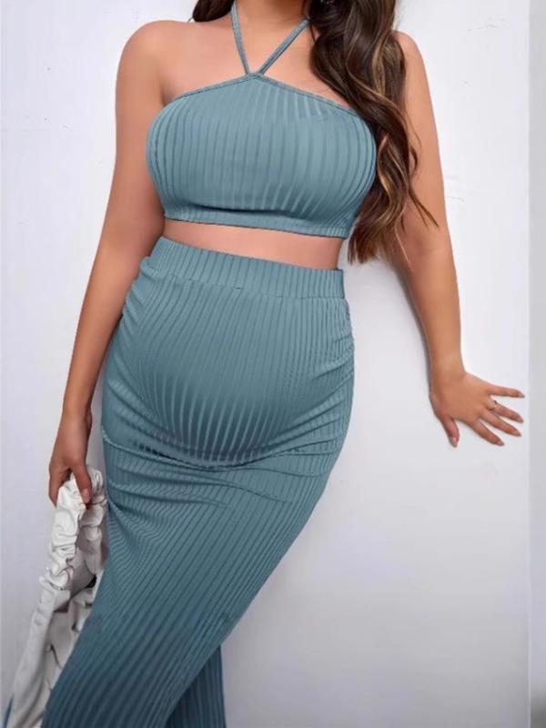 マタニティウェア セットアップ 授乳服 妊婦服 キャミソール トップス ペンシルスカート 膝丈 タイトスカート 調節可能 ポリエステル 伸縮性 無地 浅緑 綺麗め 通勤