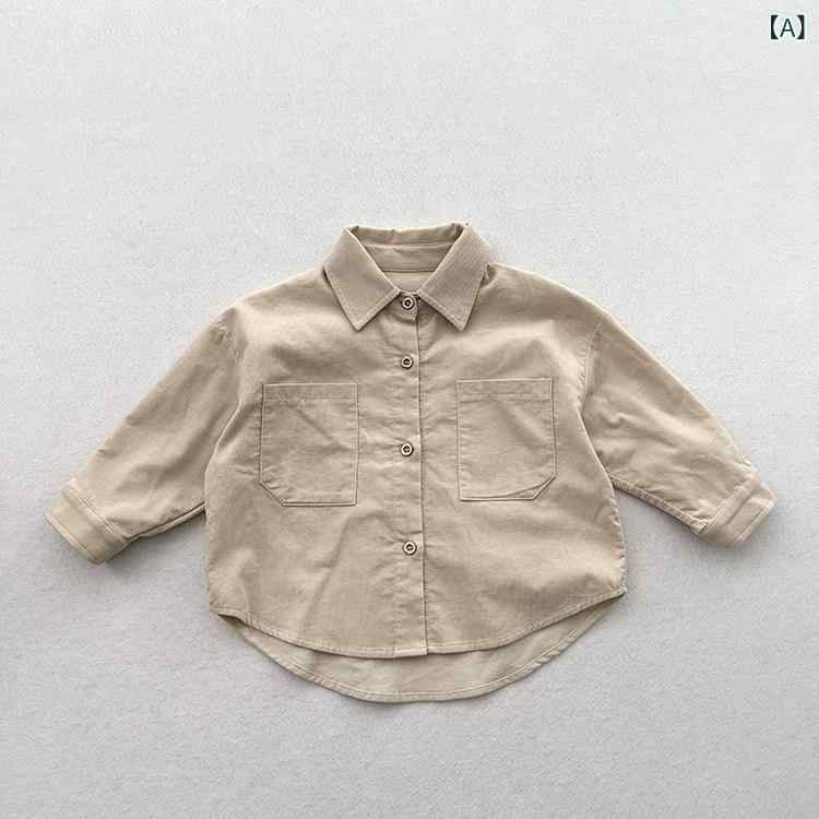 キッズ 男女兼用 シャツ トップス 長袖 薄手 コットン 灯芯绒 柔らかい 春秋 英倫風 開襟 復古 純色 細ストライプ 杏色 緑系 中小児 3-8歳 100-140cm 日常着 カジュアル 軽量 吸湿性 tomy-shopr-10945202 トミーショップ 楽天市場店 サンプル画像2