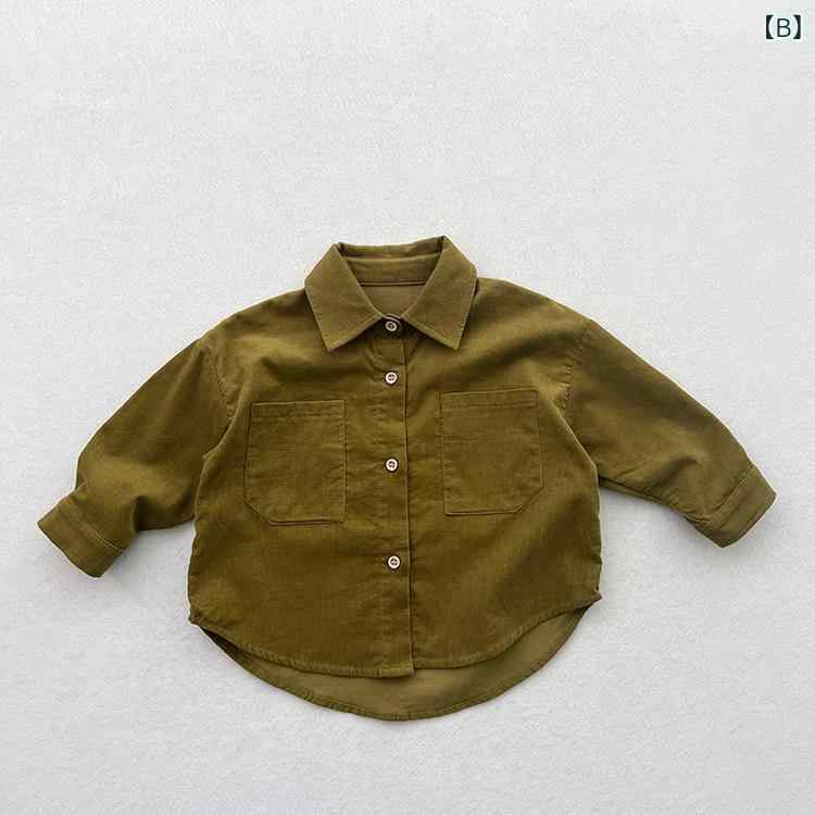キッズ 男女兼用 シャツ トップス 長袖 薄手 コットン 灯芯绒 柔らかい 春秋 英倫風 開襟 復古 純色 細ストライプ 杏色 緑系 中小児 3-8歳 100-140cm 日常着 カジュアル 軽量 吸湿性 tomy-shopr-10945202 トミーショップ 楽天市場店 サンプル画像3