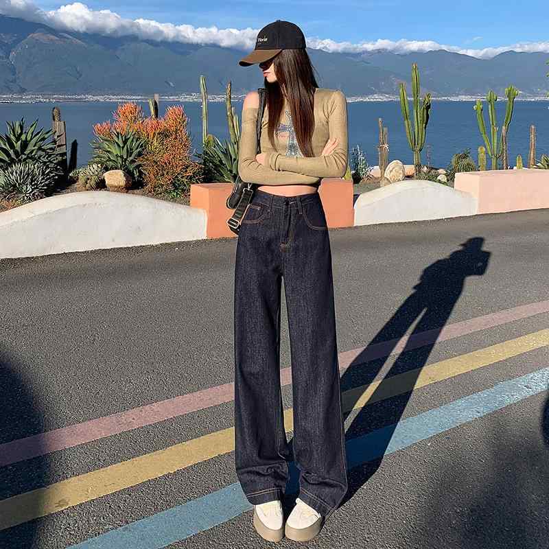 デニムパンツ レディース 春夏 コットン 再生繊維 ハイウエスト ワイドレッグ ストレート ロング丈 ミッドウェイト ゆったり 落ち感 洗い加工 快適 普段使い 深藍色