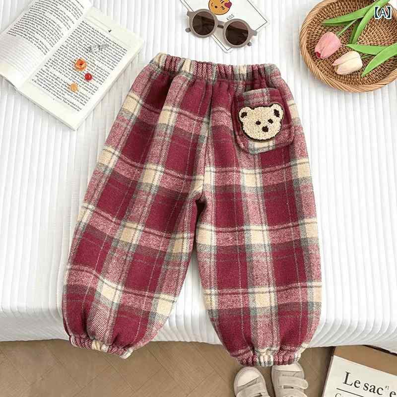 Long-Trousers, Trousers - キッズ 長ズボン 男の子 女の子 冬用 暖か 裏起毛 格子柄 赤 黒 茶 コットン混 ポリエステル 柔らか 加工 中腰 ゴム ウエスト 長丈 ユニセックス 保暖 子供服 ベビー 3-8歳 100-140cm 冬服 カジュアル スタイル 通年対応