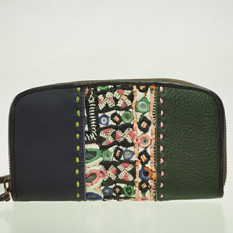インドのミラーワーク刺繍古布×レザー長財布（ダークブルー×ダークグリーン）【送料無料】【エスニック..