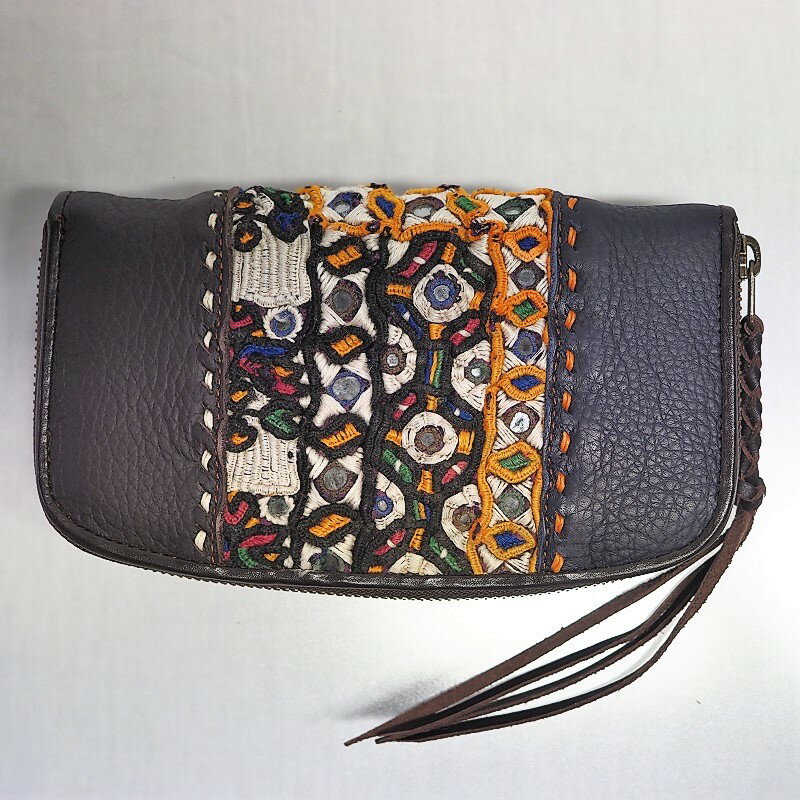 インドのミラーワーク刺繍古布×レザー長財布（ダークブラウン×ダークブルー）【送料無料】【エスニック..