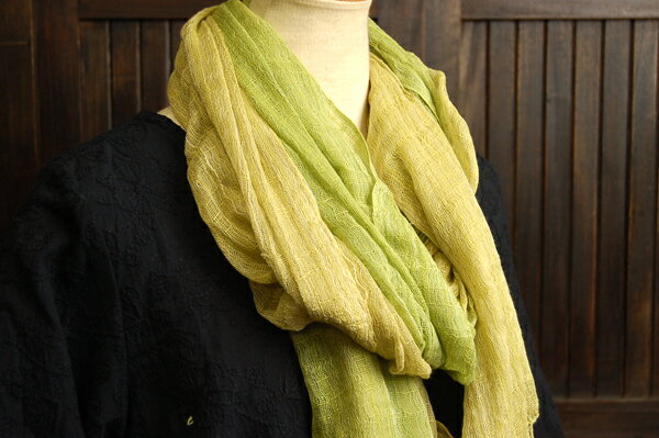 大判グラデーションガーゼスカーフ（黄緑×黄）【送料無料】【ガーゼ】【綿】【エスニック】【二色使い】【フリンジ】【肌触り】【母の日】【krabi】【クラビ】