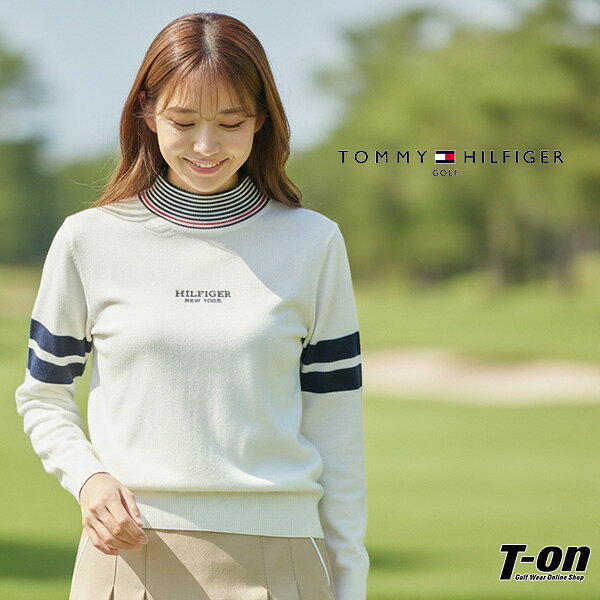 【40％OFF SALE】 トミー ヒルフィガー ゴルフ TOMMY HILFIGER GOLF 日本正規品 レディース セーター ハイネックニット プルオーバー 袖配色ライン 襟ボーダーデザイン ロゴ刺繍 天竺編み 毛混 ハイゲージニット 【送料無料】 ゴルフウェア