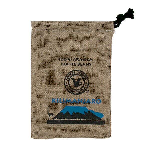 珈琲問屋のロゴが入ったかわいらしいオリジナルの麻袋です。こちらは「Kilimanjaro」の名とキリマンジャロ山の風景をイメージしたイラスト入りの麻袋です。 コーヒーの生豆の保存用はもちろん、小物入れなどにもぜひどうぞ。 材質：麻 寸法：W160xH240(mm)　