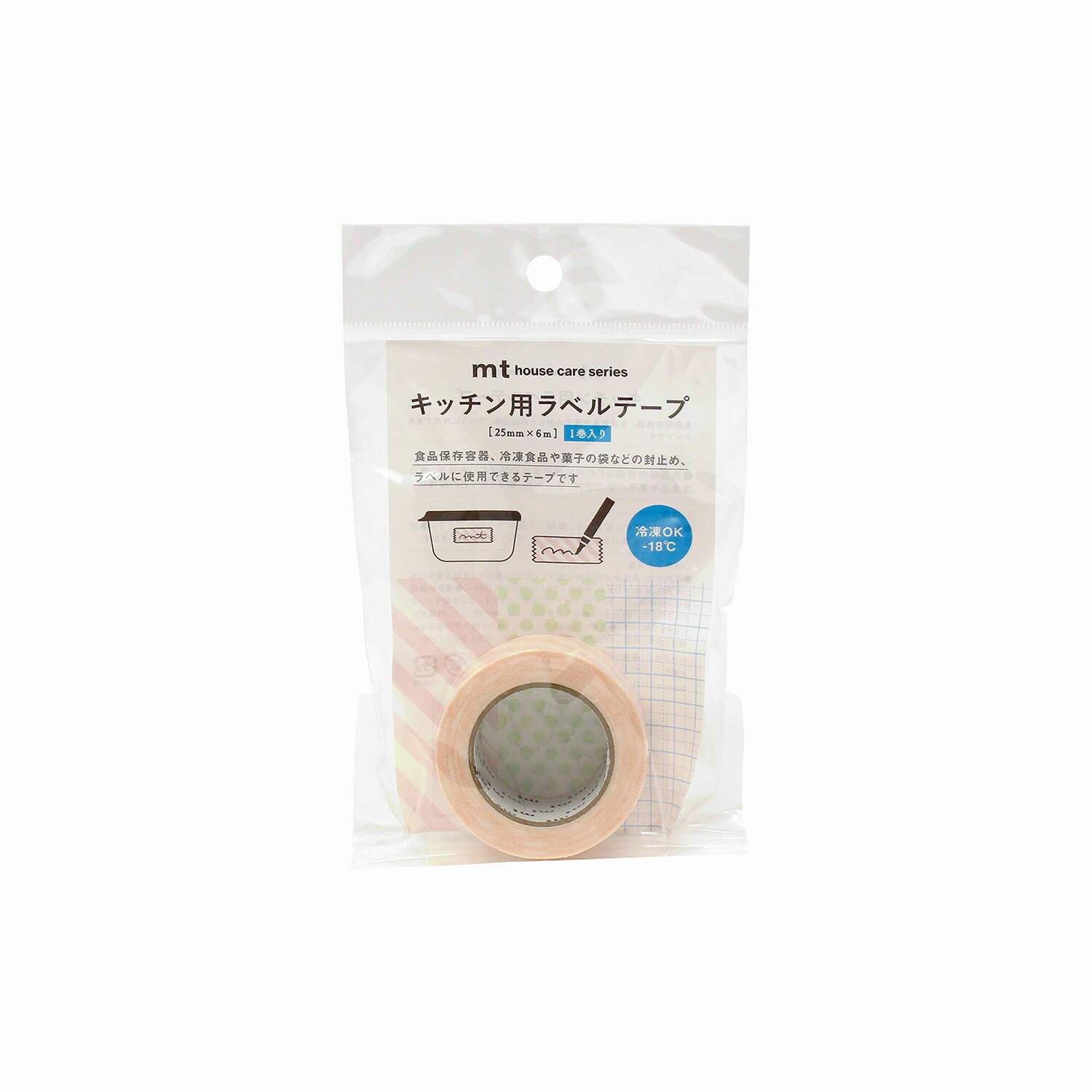 キッチン用ラベルテープ 食品保存容器、冷凍食品や菓子の袋などの封止め、ラベルに使用できるテープです。 ◎特徴 ・手でまっすぐに切れます。 ・貼って剥がせるテープです。 ・油性ペンで字がかけます。 ・冷凍庫(-18℃)でも使用できます。 ◎用途 ・食品保存容器などの内容物や賞味期限などの表示用。 ・冷凍食品や菓子の袋の密封、仮止め用。 ・ゴミ袋などの補強用。 ◎使用上の注意 ・直射日光、高温多湿の場所は避けてください。 ・テープを貼る部分のホコリ、汚れ、油分、水分をよく拭き取ってから貼り付けてください。 ・電気絶縁用、梱包には使用しないでください。 ・テープを貼ったままオーブンや電子レンジでは使用しないでください。 ・貼る材質によっては糊が残ったり、損傷が生じる場合があります。 ・皮膚に貼らないでください。 ・お子様の手の届かない場所で使用、保管してください。 ・用途以外の目的に使用しないでください。 サイズ（幅×長さ）25mm×6m 重量：16g