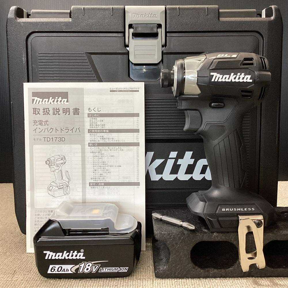 ご覧いただきありがとうございます makita/マキタ TD173D 18V充電式インパクトドライバ 黒(純正バッテリー1個+ケース付)です 状態：未使用 ・セット品のばらしになります ・本体+純正バッテリー1個(BL1860B)+ビット+説明書+ケース ・バッテリー:DC18V 6.0Ah 108Wh ※時間経過により、電池残量が放電してLEDインジゲータが点灯しない場合があります ・写真に写っているものが全てです ・店頭販売品の為、細かい傷や汚れがつくことがあります ※店頭併売につき、品切れの際はご了承ください ※商品到着より7日間の初期保証がございます。ご安心してご検討下さい(訳あり品、ジャンク品は除く) ※高額品につき必ず商品到着後7日間以内に動作確認をお願いいたします ※当社【TOOLBOX】は株式会社セキチューの運営する中古工具販売店です ※【古物商許可証】 群馬県公安委員会許可 第421032022078号ご覧いただきありがとうございます makita/マキタ TD173D 18V充電式インパクトドライバ 黒(純正バッテリー1個+ケース付)です 状態：未使用 ・セット品のばらしになります ・本体+純正バッテリー1個(BL1860B)+ビット+説明書+ケース ・バッテリー:DC18V 6.0Ah 108Wh ※時間経過により、電池残量が放電してLEDインジゲータが点灯しない場合があります ・写真に写っているものが全てです ・店頭販売品の為、細かい傷や汚れがつくことがあります ※店頭併売につき、品切れの際はご了承ください ※商品到着より7日間の初期保証がございます。ご安心してご検討下さい(訳あり品、ジャンク品は除く) ※高額品につき必ず商品到着後7日間以内に動作確認をお願いいたします ※当社【TOOLBOX】は株式会社セキチューの運営する中古工具販売店です ※【古物商許可証】 群馬県公安委員会許可 第421032022078号