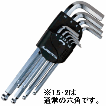 ♪その他の六角棒・ヘックスレンチセットははこちらから♪ HKXB7S 【スーパーツール】 ボールポイント六角棒レンチ7本セット （エクストラロング） （1.5/2/2.5/3/4/5/6） HKXB7SB 【スーパーツール】 ボールポイント六角棒レンチ7本セット （エクストラロング） （2.5/3/4/5/6/8/10） HKXB9S 【スーパーツール】 ボールポイント六角棒レンチ9本セット （エクストラロング） （1.5/2/2.5/3/4/5/6/8/10） HKLB7S 【スーパーツール】 ボールポイント六角棒レンチ7本セット （ロング） （1.5/2/2.5/3/4/5/6） HKLB9S 【スーパーツール】 ボールポイント六角棒レンチ9本セット （ロング） （1.5/2/2.5/3/4/5/6/8/10） HKSB7S 【スーパーツール】 ボールポイント六角棒レンチ7本セット （スタンダード） （1.5/2/2.5/3/4/5/6） HKSB9S 【スーパーツール】 ボールポイント六角棒レンチ9本セット （スタンダード） （1.5/2/2.5/3/4/5/6/8/10） SHKXB9S 【スーパーツール】 ボールポイント六角棒レンチ9本セット （エクストラロング・首下ショート） （1.5/2/2.5/3/4/5/6/8/10） HKX9S 【スーパーツール】 六角棒レンチ9本セット （エクストラロング） （1.5/2/2.5/3/4/5/6/8/10） HKS9S 【スーパーツール】 六角棒レンチ7本セット （スタンダード） （1.5/2/2.5/3/4/5/6/8/10） HTLH9S 【スーパーツール】 ヘックスロ−ブレンチ9本セット （いじり止め穴付対応）（ロング） （T8/T10/T15/T20/T25/T27 /T30/T40/T50) HTLB9S 【スーパーツール】 ボールポイントヘックスロ−ブレンチ 9本セット　（ロング） （T8/T10/T15/T20/T25/T27 /T30/T40/T50)