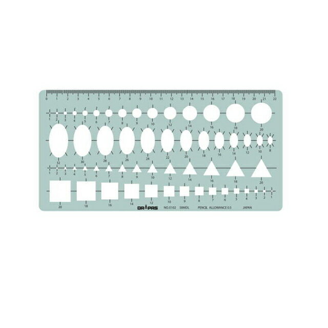 総合定規A（大）●縦115×横235×厚さ1.0mm●58穴（円、三角、四角1〜20mm、楕円35°16′8〜32mm）●インクエッジ付　
