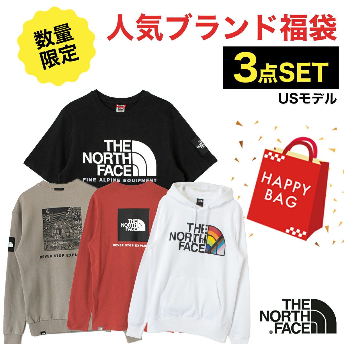 福袋 3点入り THE NORTH FACE パーカー フーディー トレーナー 長袖Tシャツ 半袖Tシャツ ノースフェイス メンズ レディース ユニセックス ジェンダーレス アイテム 海外サイズ 運試し お楽しみ袋 ハッピーバック