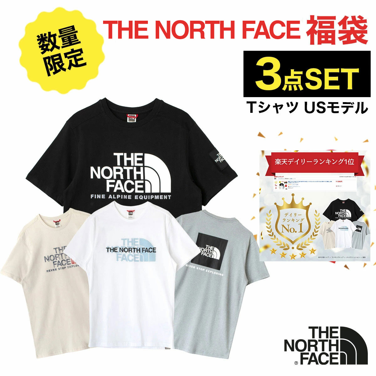 福袋 Tシャツ 3点入り THE NORTH FACE ノースフェイス メンズアイテム 海外サイズ 運試し お楽しみ袋 メンズ レディ…