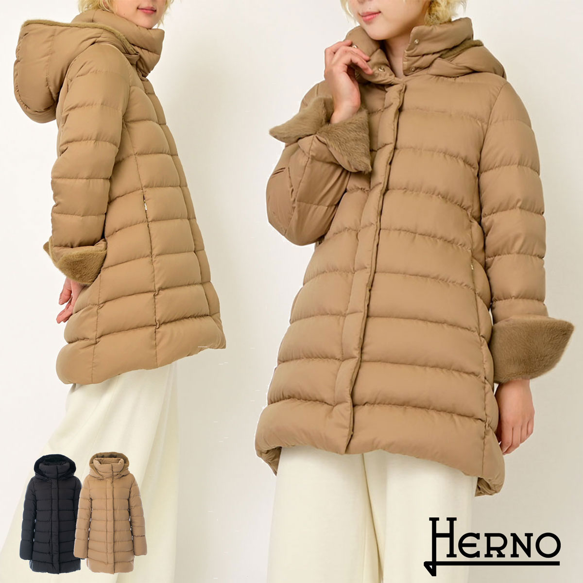 HERNO ヘルノ ARENDELLE LADY FAUX FUR Aラインジャケット レディース ダウン コート PI001795D 黒 ブラック キャメル ベージュ 取り外しフード 海外正規品