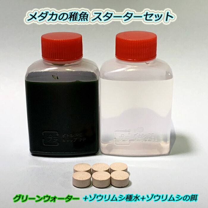 メダカの稚魚 スターターセット セット内容 〇ゾウリムシ種水 30ml 〇ゾウリムシの餌 6錠 〇ゾウリムシ繁殖方法説明書 〇グリーンウォーター種水（飼育水約10リットル分） 30ml 当セットはゾウリムシ培養が初めての方でも培養できるよう、説明書が付属致します。 エサは6回分が付属致します。 ・グリーンウォーター使用方法 〇1リットルの飼育水に対して約3ccの割り合いでお使いください。 〇飼育水に入れたグリーンウォーターが薄くなってきた段階で追加投入して下さい。 〇保管する場合は冷蔵庫にて保管してください。 〇消費期限は1か月程度とお考え下さい。 〇茶色くなってきましたらご使用をお止めください。 〇生クロレラを使用しておりますので独特のにおいが御座います。 動画は当商品のグリーンウォーター（クロレラ水）にて、産まれて3日目のメダカの稚魚とゾウリムシの様子です。 クロレラ水を使用する事でゾウリムシが繁殖するので、ミジンコが口にできる大きさまで成長可能です。2021年3月25日オープン！ 当店は観賞魚販売店、各教育施設、研究施設等に納品させて頂いております。 その為、品質最優先を常に心掛けております。 この度、楽天市場にも出店させて頂きましたので、是非宜しくお願い致します。