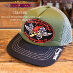 TOYS MAcCOY トイズマッコイ TMA2402 WOODY WOODPECKER MESH CAP " JOHNSON MOTORS " ウッディ・ウッドペッカー × クロスピストン ＆ ウィング 刺繍 ミリタリーmilitary モーター motor メッシュキャップ キャップ 帽子 オリーブ Orive