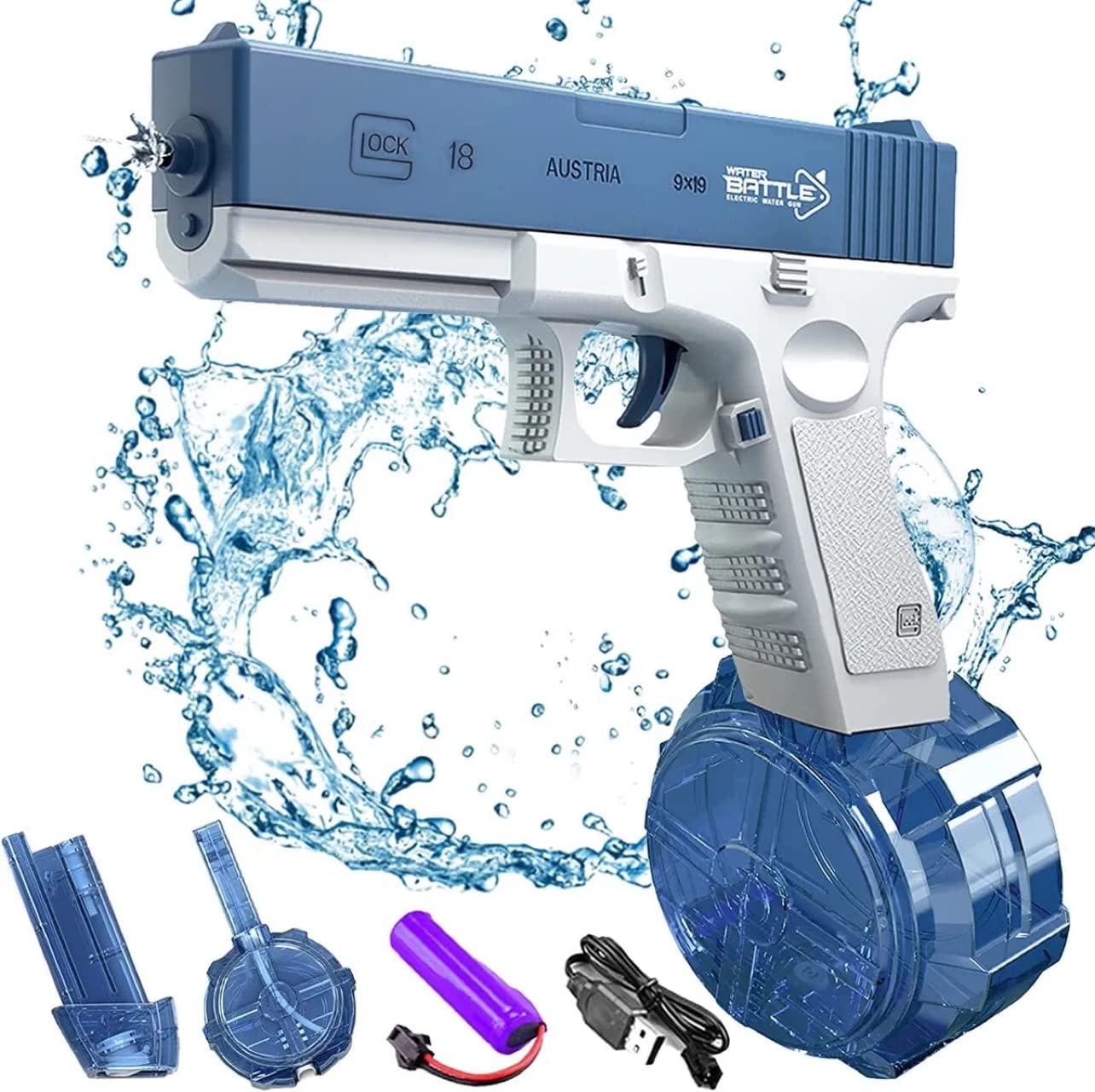 水鉄砲 電動式連射水鉄砲 自動ウォーターガン 超強力飛距離 高速連続 発射式 子供用ウォーターピストル 外部ウォーターボトル付き電気噴出ガン 容量434cc+58cc 電動水ピストル 水鉄砲合戦 水遊び 夏祭り 子供 大人兼用 海水浴 お風呂 プール 川遊び