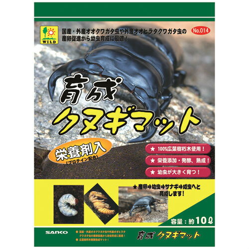 送料・配送対応可能区分 ※沖縄・離島は別途中継料がかかります。 育成クヌギマット 10L 014 SANKO(三晃/サンコー)★商品詳細 【ポイント】 広葉樹材朽木を粉砕し栄養剤（プロテイン配合）を添加し、発酵熟成させ、外産、国産オオクワガタやオオヒラタクワガタ虫の産卵から幼虫育成用として作られた、本格的なクワガタ虫専用のマットです。 商品仕様 ■内容量■ 10Lメーカーサンコー（三晃）納期の目安3日から1週間ご注意在庫切れの場合、取り寄せになりますので納期にお時間がかかる場合があります。