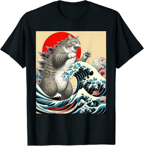 Catzilla 猫日本美術面白い猫 Tシャツ Catzilla 猫日本美術面白い猫 Tシャツ