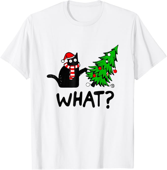 おもしろい黒猫のプレゼント クリスマスツリーを押し倒す猫 何? Tシャツ