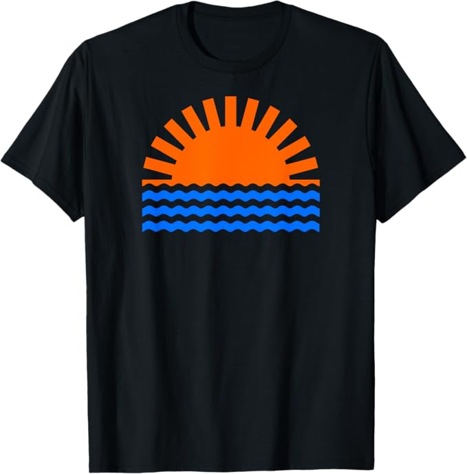 乐天商城 - 面白い オタク レトロ 幾何学模様 夕日 海 ビーチ 青 波 Tシャツ