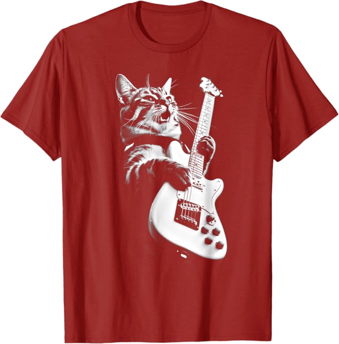 Rakuten - ギターを弾くロック猫 面白いギター猫 Tシャツ「色味差あり」