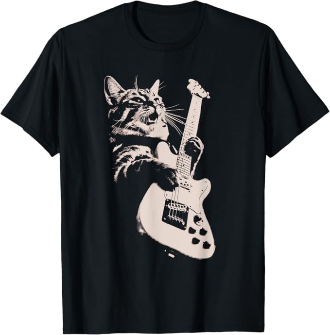 Rakuten - 【楽天スーパーSALE】エレキギターを弾く猫 面白い猫ロッカー ロックショーで Tシャツ