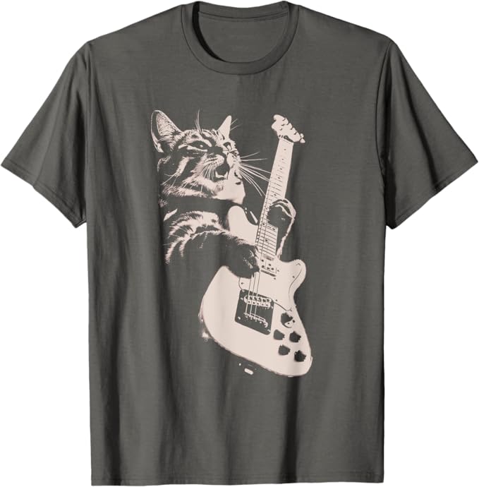 Rakuten - 【楽天スーパーSALE】エレキギターを弾く猫 面白い猫ロッカー ロックショーで Tシャツ