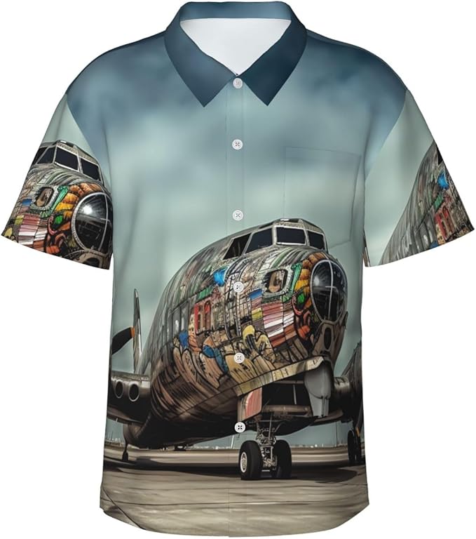 Rakuten - 飛行機 アート モダンアート ハワイアン メンズ ボタンダウン 折り襟 カジュアル トロピカル トップス ビーチ バケーション 半袖 シャツ アロハシャツ おもしろ 総柄シャツ