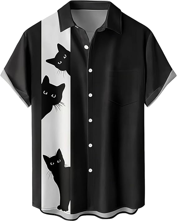 黒猫 ハワイアン メンズ ボタンダウン 折り襟 カジュアル トロピカル トップス ビーチ バケーション 半袖 シャツ アロハシャツ おもしろ 総柄シャツ「胸ポケットなし」