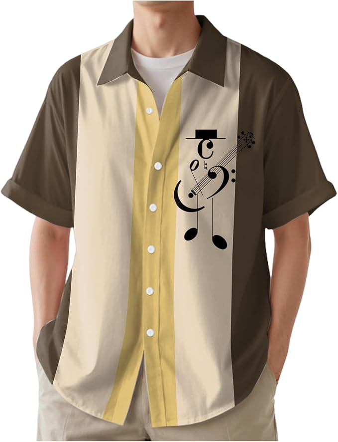 Rakuten - 【楽天スーパーSALE】音楽柄 イエロー ハワイアン メンズ ボタンダウン 折り襟 カジュアル トロピカル トップス ビーチ バケーション 半袖 シャツ アロハシャツ おもしろ 総柄シャツ