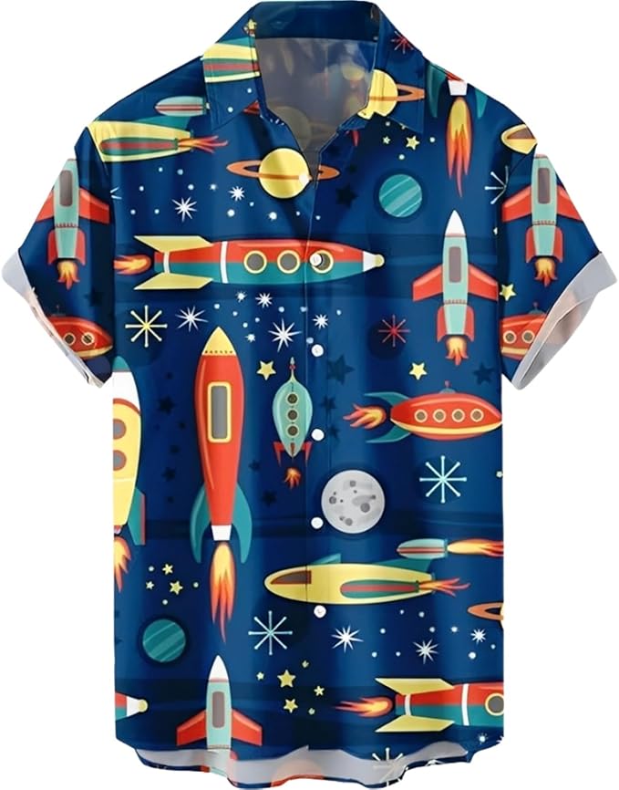 Rakuten - 宇宙 スペース プルシャンブルー ハワイアン メンズ ボタンダウン 折り襟 カジュアル トロピカル トップス ビーチ バケーション 半袖 シャツ アロハシャツ おもしろ 総柄シャツ