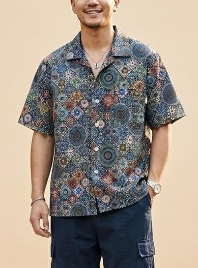 Rakuten - 【楽天スーパーSALE】レトロ柄 ハワイアン メンズ ボタンダウン 折り襟 カジュアル トロピカル トップス ビーチ バケーション 半袖 シャツ アロハシャツ おもしろ 総柄シャツ 胸ポケットなし