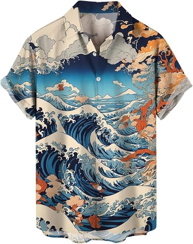 Rakuten - 白波 浮世絵風 ハワイアン メンズ ボタンダウン 折り襟 カジュアル トロピカル トップス ビーチ バケーション 半袖 シャツ アロハシャツ おもしろ 総柄シャツ 胸ポケットなし
