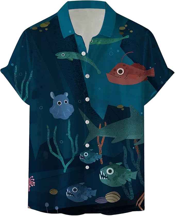 乐天商城 - かわいい深海魚たち　手描き ハワイアン メンズ ボタンダウン 折り襟 カジュアル トロピカル トップス ビーチ バケーション 半袖 シャツ アロハシャツ おもしろ 総柄シャツ 胸ポケットなし