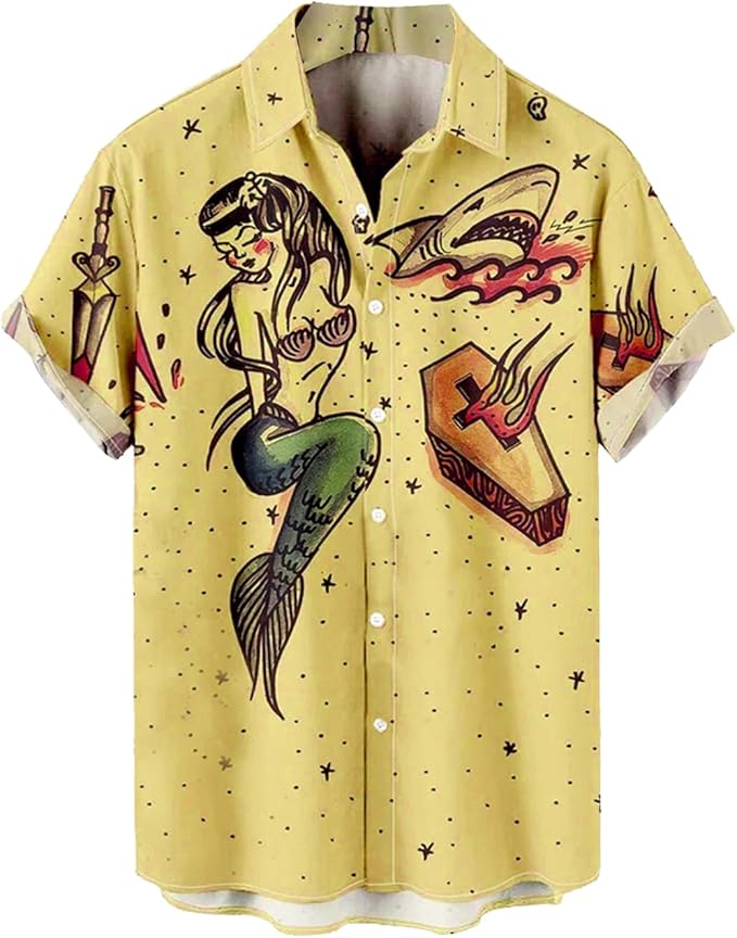 Rakuten - レトロ 手描き 人魚 棺 サメ ハワイアン メンズ ボタンダウン 折り襟 カジュアル トロピカル トップス ビーチ バケーション 半袖 シャツ アロハシャツ おもしろ 総柄シャツ 「胸ポケットなし」