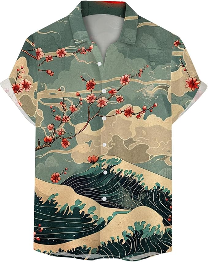 Rakuten - 和風 浮世絵 波 和柄 ハワイアン メンズ ボタンダウン 折り襟 カジュアル トロピカル トップス ビーチ バケーション 半袖 シャツ アロハシャツ おもしろ 総柄シャツ 「胸ポケットなし」