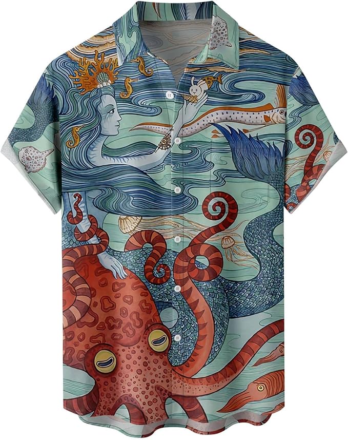 Rakuten - レトロ 深海の大タコ 人魚 ハワイアン メンズ ボタンダウン 折り襟 カジュアル トロピカル トップス ビーチ バケーション 半袖 シャツ アロハシャツ おもしろ 総柄シャツ 「胸ポケットなし」