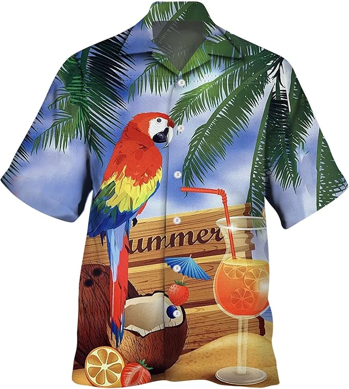 Rakuten - コンゴインコと夏のビーチ ハワイアン メンズ ボタンダウン 折り襟 カジュアル トロピカル トップス ビーチ バケーション 半袖 シャツ アロハシャツ おもしろ 総柄シャツ 「胸ポケットなし」