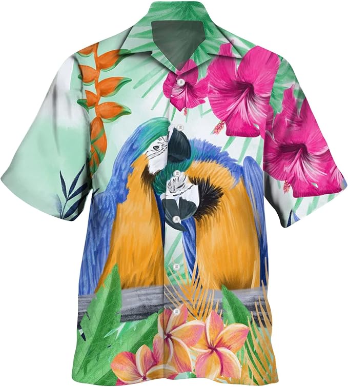 Rakuten - ハイビスカス　コンゴウインコ ハワイアン メンズ ボタンダウン 折り襟 カジュアル トロピカル トップス ビーチ バケーション 半袖 シャツ アロハシャツ おもしろ 総柄シャツ 「胸ポケットなし」