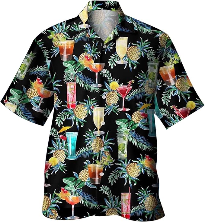 Rakuten - 夏のカクテルグラス柄　熱帯植物 ハワイアン メンズ ボタンダウン 折り襟 カジュアル トロピカル トップス ビーチ バケーション 半袖 シャツ アロハシャツ おもしろ 総柄シャツ 「胸ポケットなし」