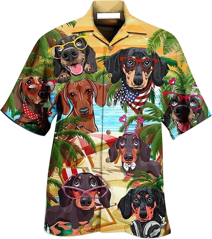 乐天商城 - 犬のビーチ ハワイアン メンズ ボタンダウン 折り襟 カジュアル トロピカル トップス ビーチ バケーション 半袖 シャツ アロハシャツ おもしろ 総柄シャツ 「胸ポケットなし」