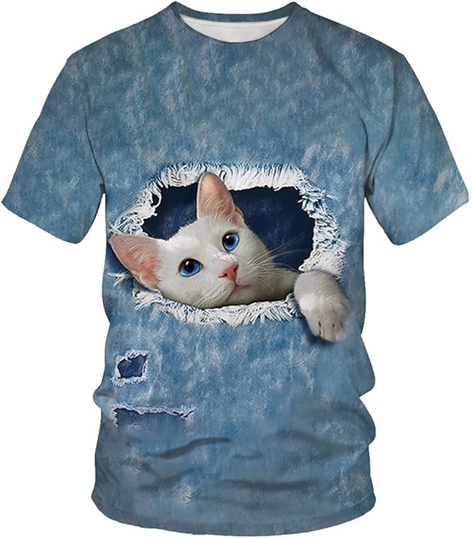 Rakuten - 【楽天スーパーSALE】白猫 総柄Tシャツ ユニセックス 半袖 3dプリント 面白いtシャツ カジュアル tシャツ